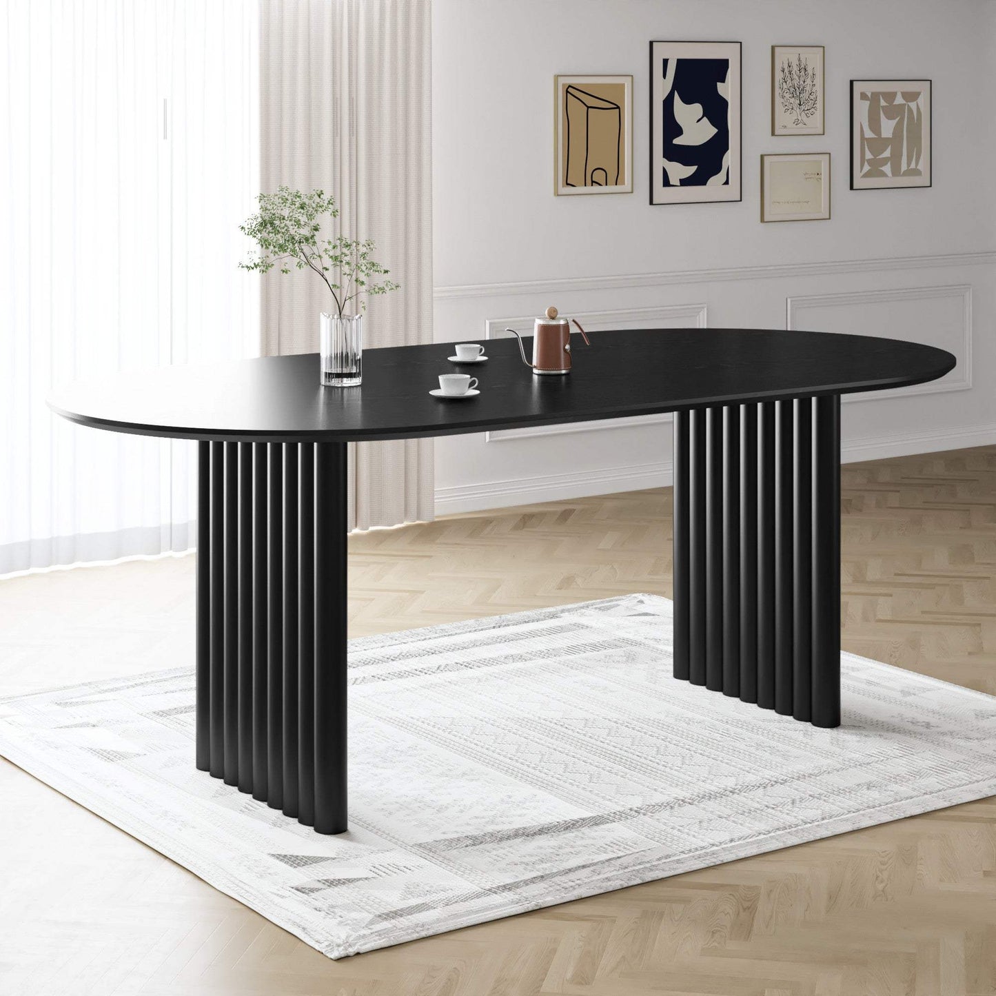 79" Black Solid Wood Double Pedestal Base Oval Dining Table - HomeRoots - Flyclothing LLC