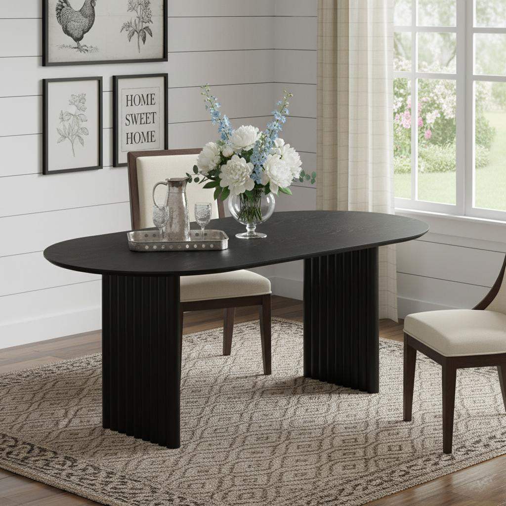 79" Black Solid Wood Double Pedestal Base Oval Dining Table - HomeRoots - Flyclothing LLC