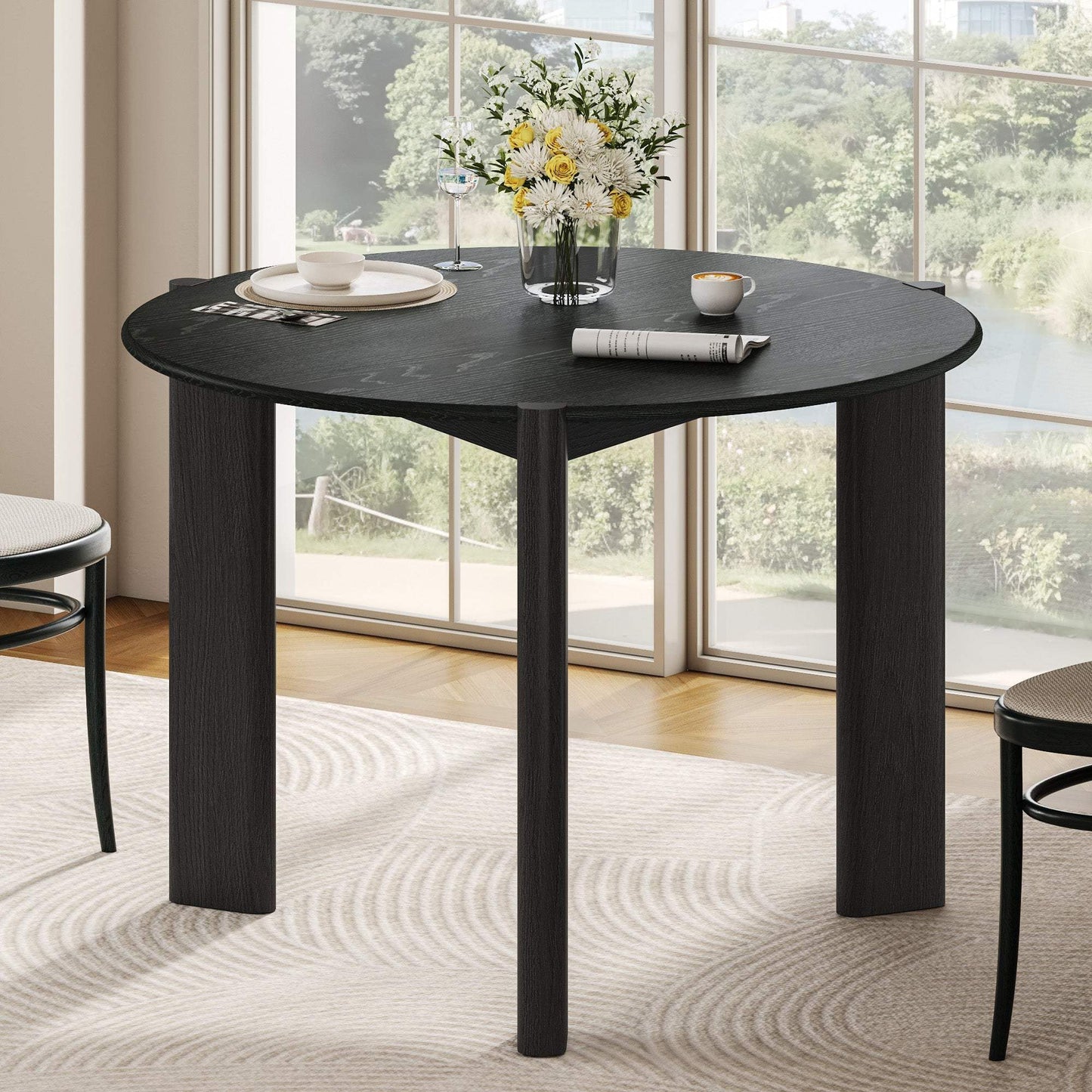 42" Black Solid Wood Three Leg Base Round Top Dining Table - HomeRoots - Flyclothing LLC