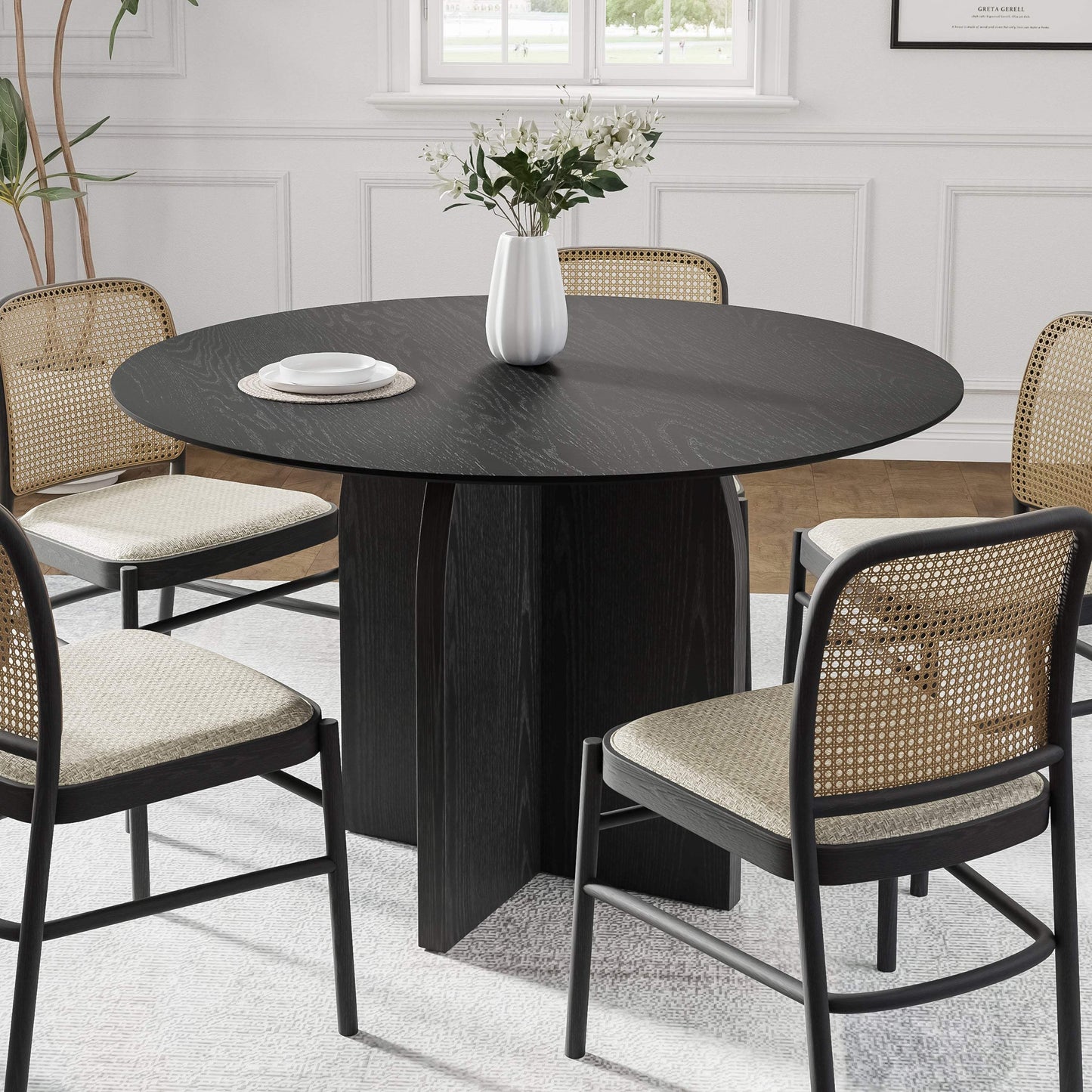 45" Black Solid Wood Pedestal Base Round Top Dining Table - HomeRoots - Flyclothing LLC