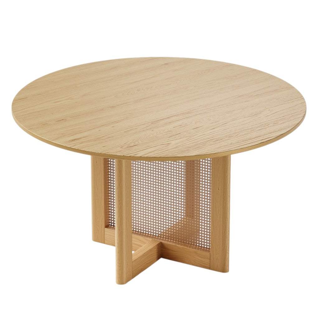 52" Natural Solid Wood and Rattan Cross Leg Base Round Top Dining Table - HomeRoots - Flyclothing LLC
