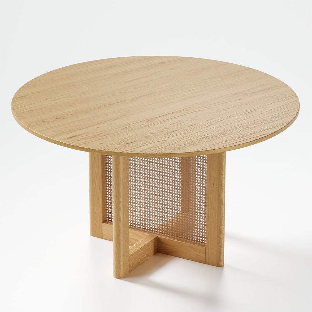 52" Natural Solid Wood and Rattan Cross Leg Base Round Top Dining Table - HomeRoots - Flyclothing LLC