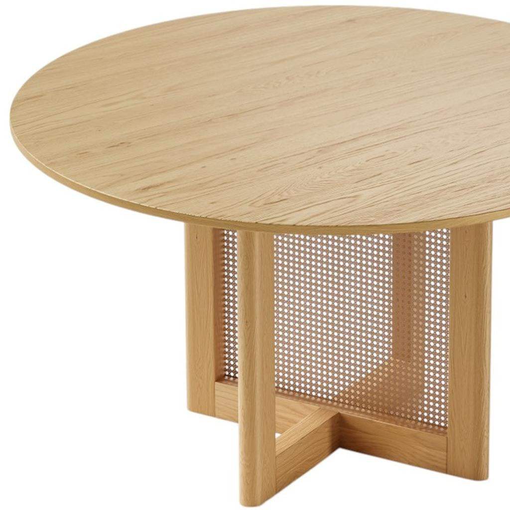 52" Natural Solid Wood and Rattan Cross Leg Base Round Top Dining Table - HomeRoots - Flyclothing LLC