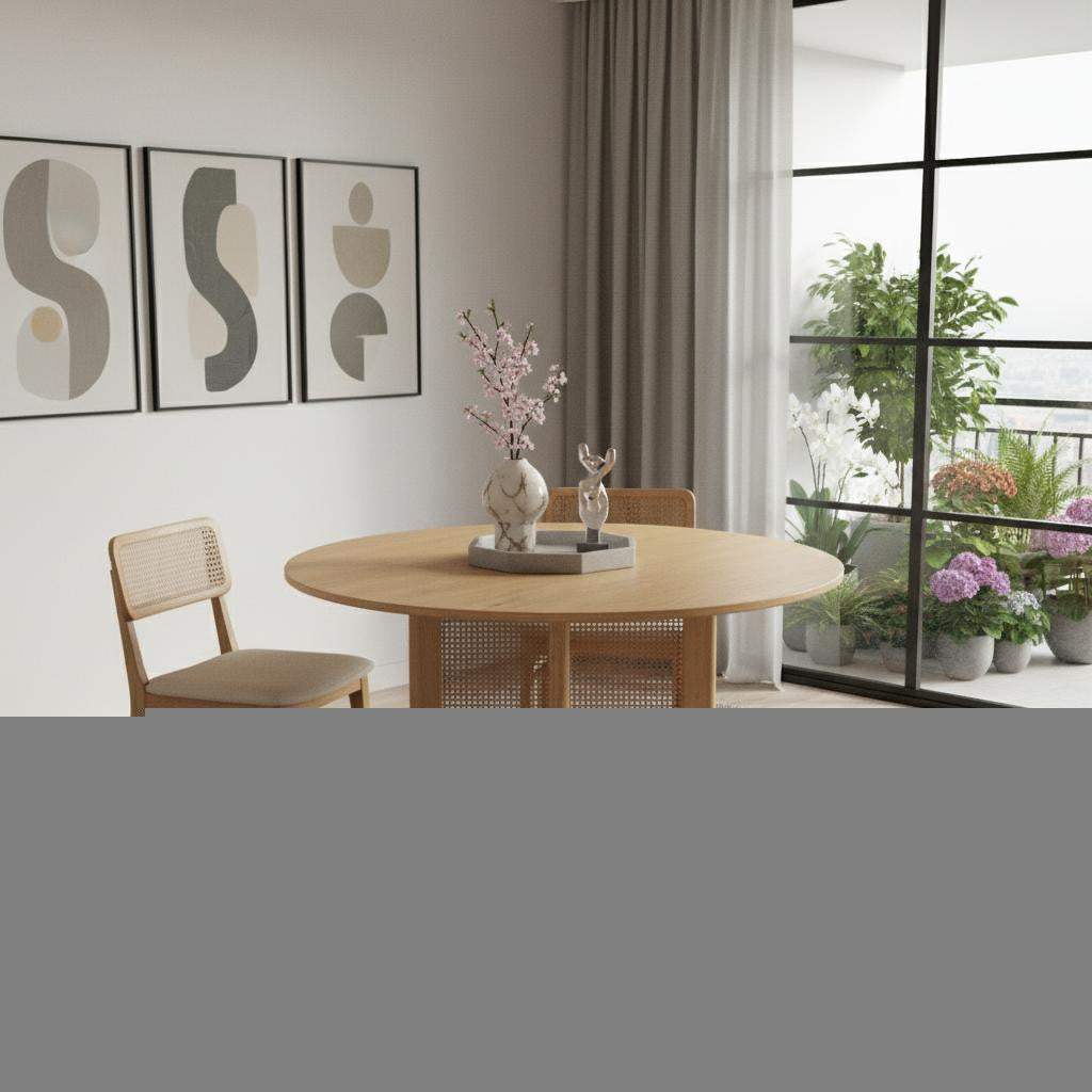 52" Natural Solid Wood and Rattan Cross Leg Base Round Top Dining Table - HomeRoots - Flyclothing LLC