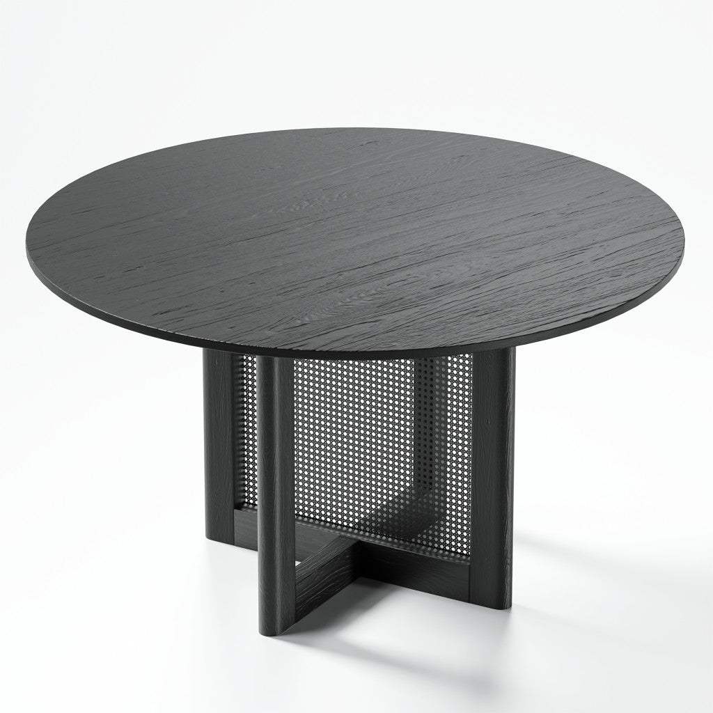 52" Black Solid Wood and Rattan Cross Leg Base Round Top Dining Table - HomeRoots - Flyclothing LLC
