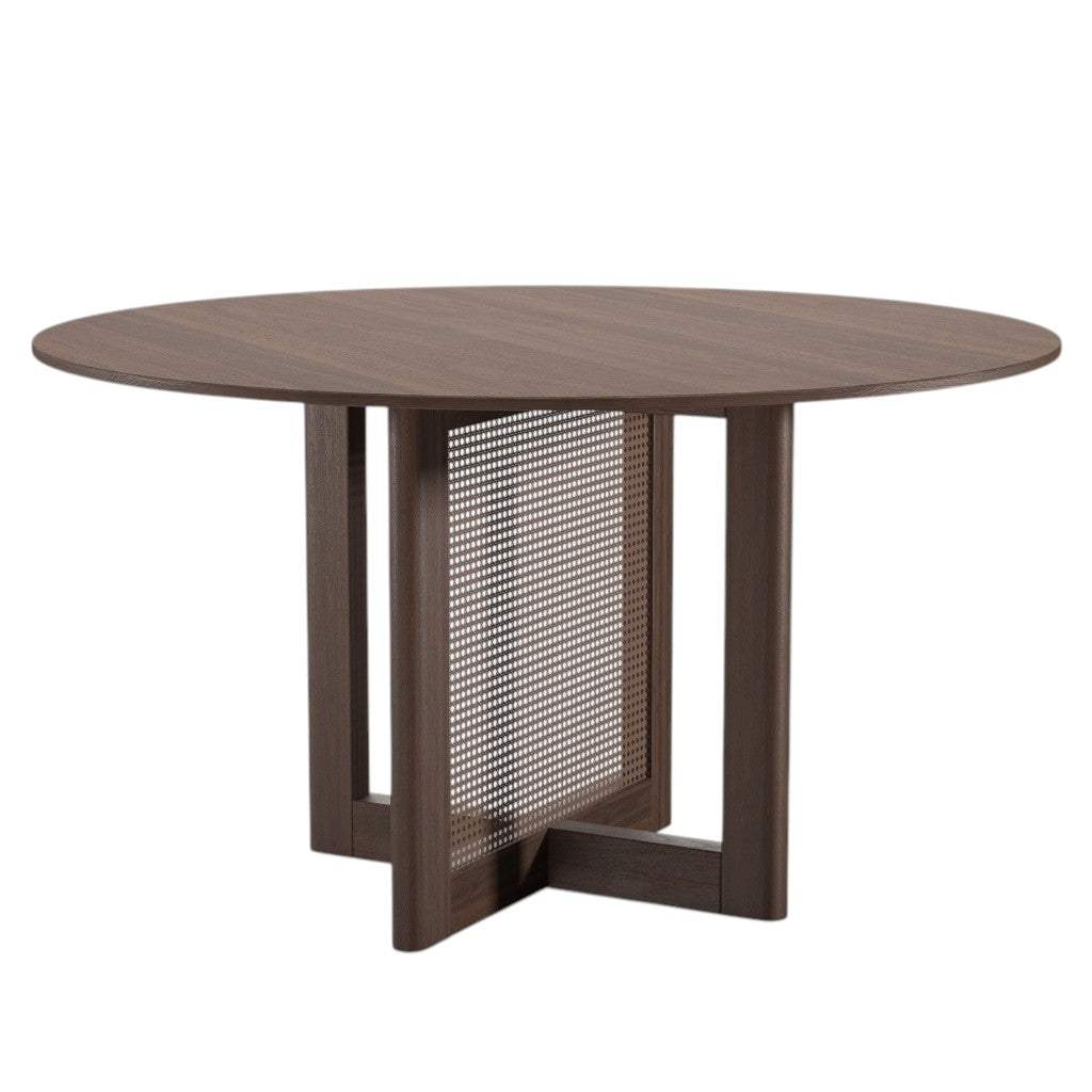 52" Brown Solid Wood and Rattan Cross Leg Base Round Top Dining Table - HomeRoots - Flyclothing LLC