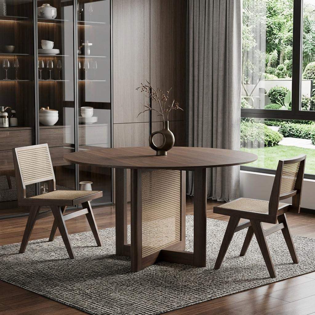 52" Brown Solid Wood and Rattan Cross Leg Base Round Top Dining Table - HomeRoots - Flyclothing LLC