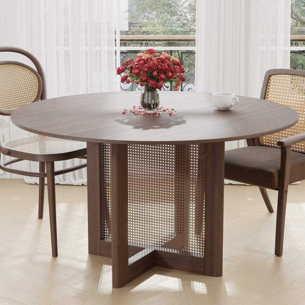 52" Brown Solid Wood and Rattan Cross Leg Base Round Top Dining Table - HomeRoots - Flyclothing LLC