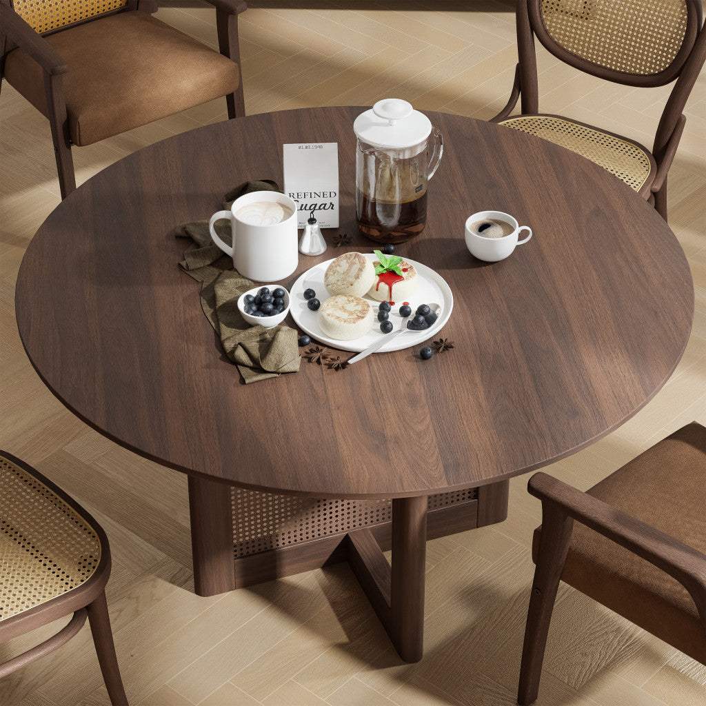 52" Brown Solid Wood and Rattan Cross Leg Base Round Top Dining Table - HomeRoots - Flyclothing LLC