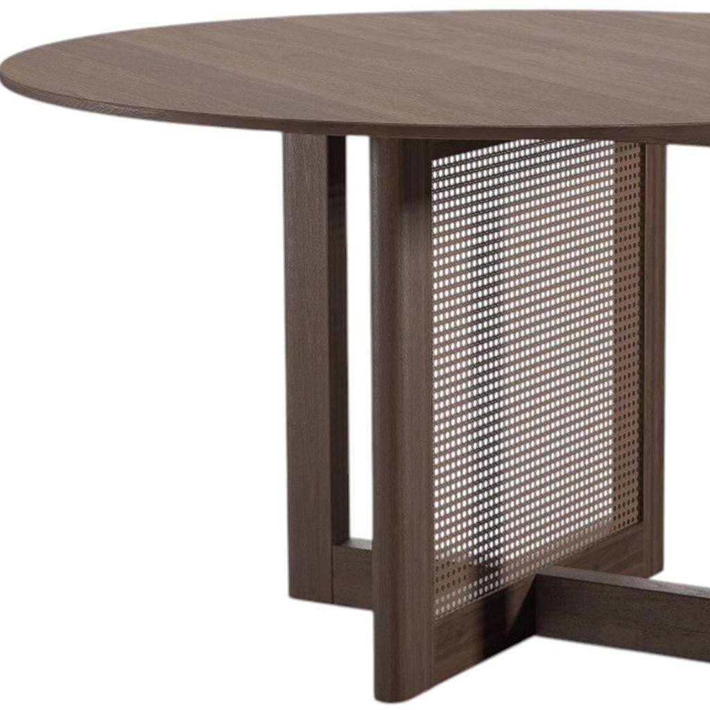 52" Brown Solid Wood and Rattan Cross Leg Base Round Top Dining Table - HomeRoots - Flyclothing LLC