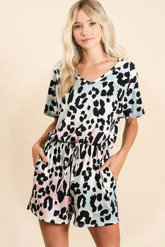 BiBi Gradation Leopard Soft Knit V-neck Romper - Trendsi - Flyclothing LLC