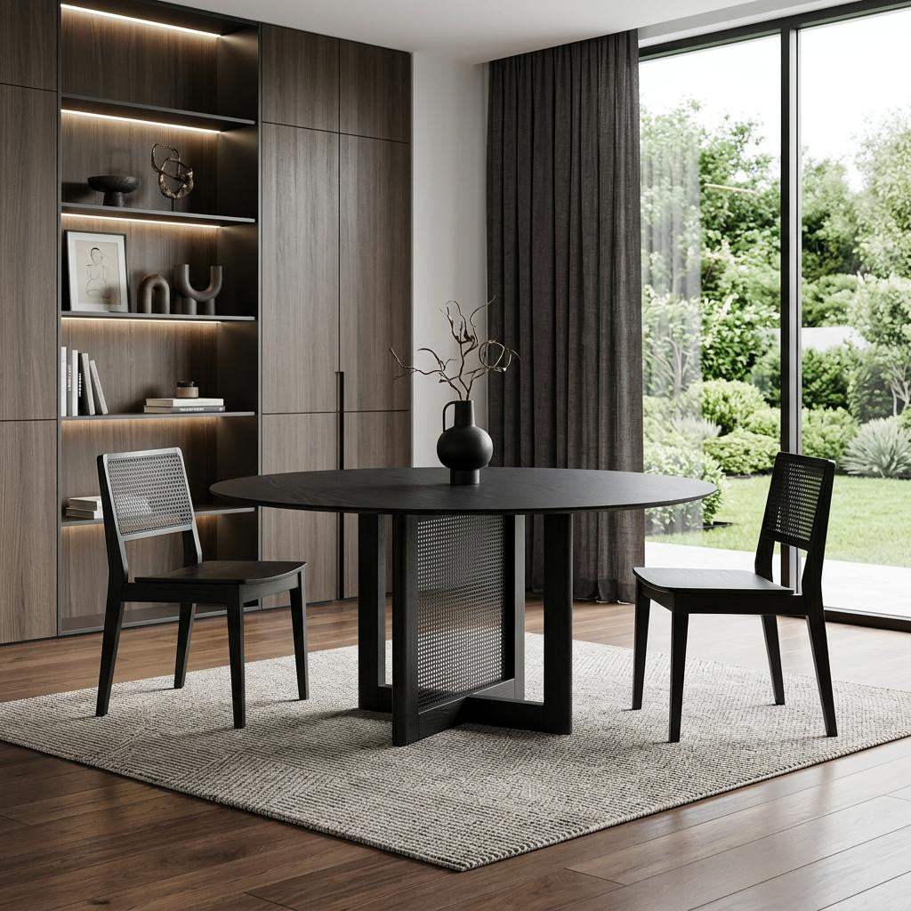 60" Black Solid Wood and Rattan Cross Leg Base Round Top Dining Table - HomeRoots - Flyclothing LLC