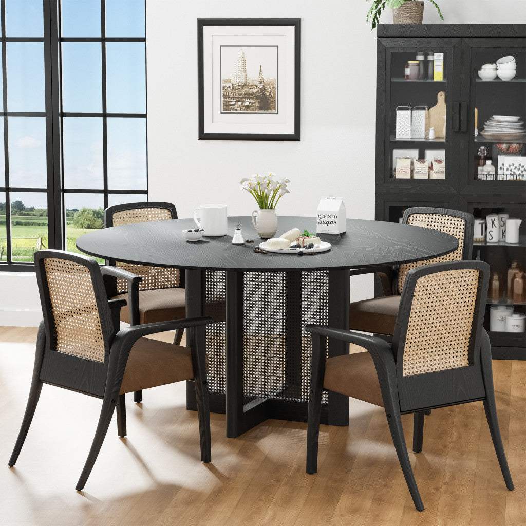 60" Black Solid Wood and Rattan Cross Leg Base Round Top Dining Table - HomeRoots - Flyclothing LLC