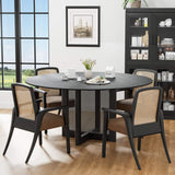 60" Black Solid Wood and Rattan Cross Leg Base Round Top Dining Table - HomeRoots - Flyclothing LLC
