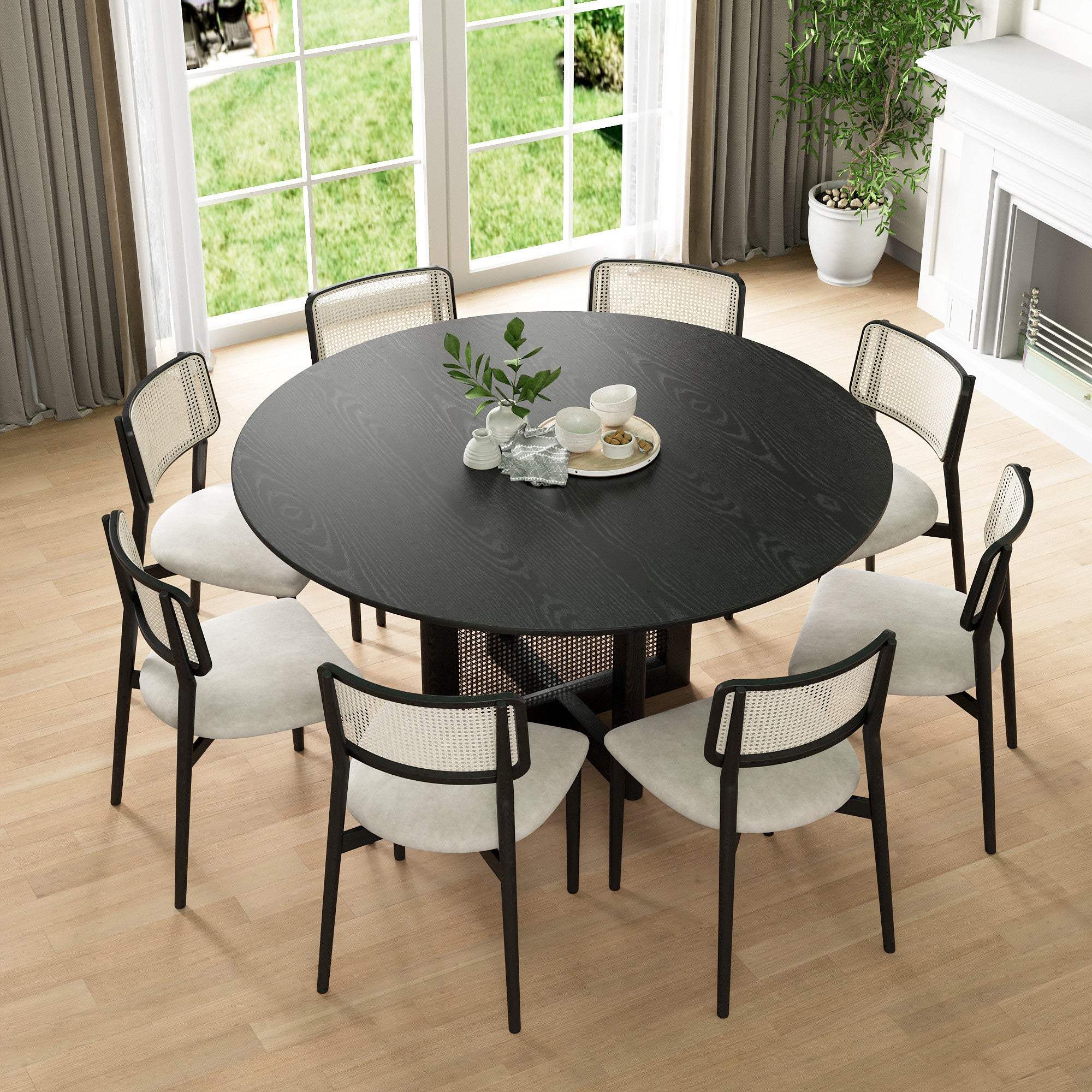 60" Black Solid Wood and Rattan Cross Leg Base Round Top Dining Table - HomeRoots - Flyclothing LLC