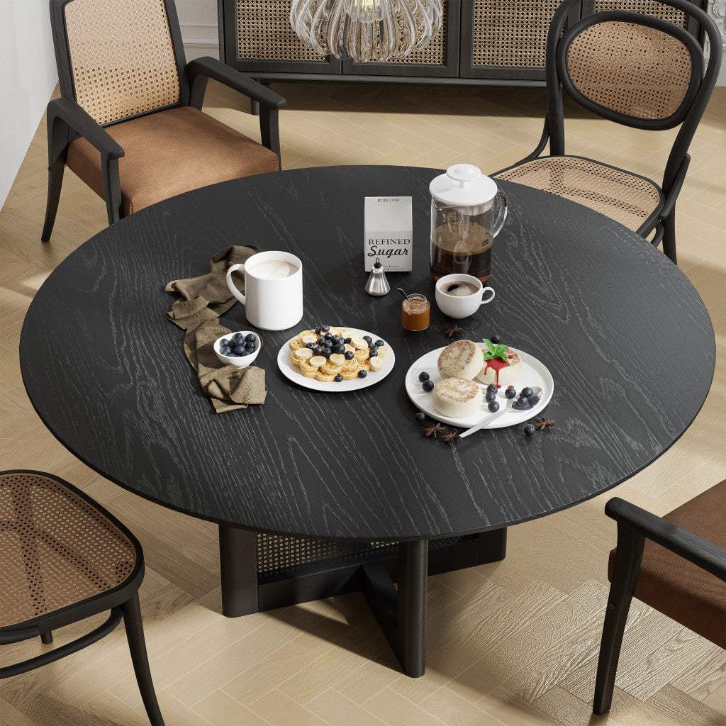 60" Black Solid Wood and Rattan Cross Leg Base Round Top Dining Table - HomeRoots - Flyclothing LLC