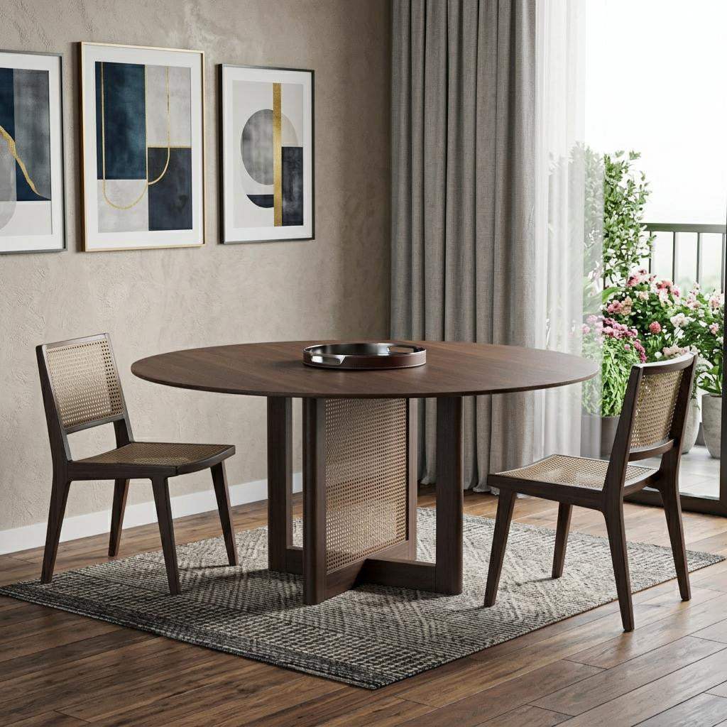 60" Brown Solid Wood and Rattan Cross Leg Base Round Top Dining Table - HomeRoots - Flyclothing LLC