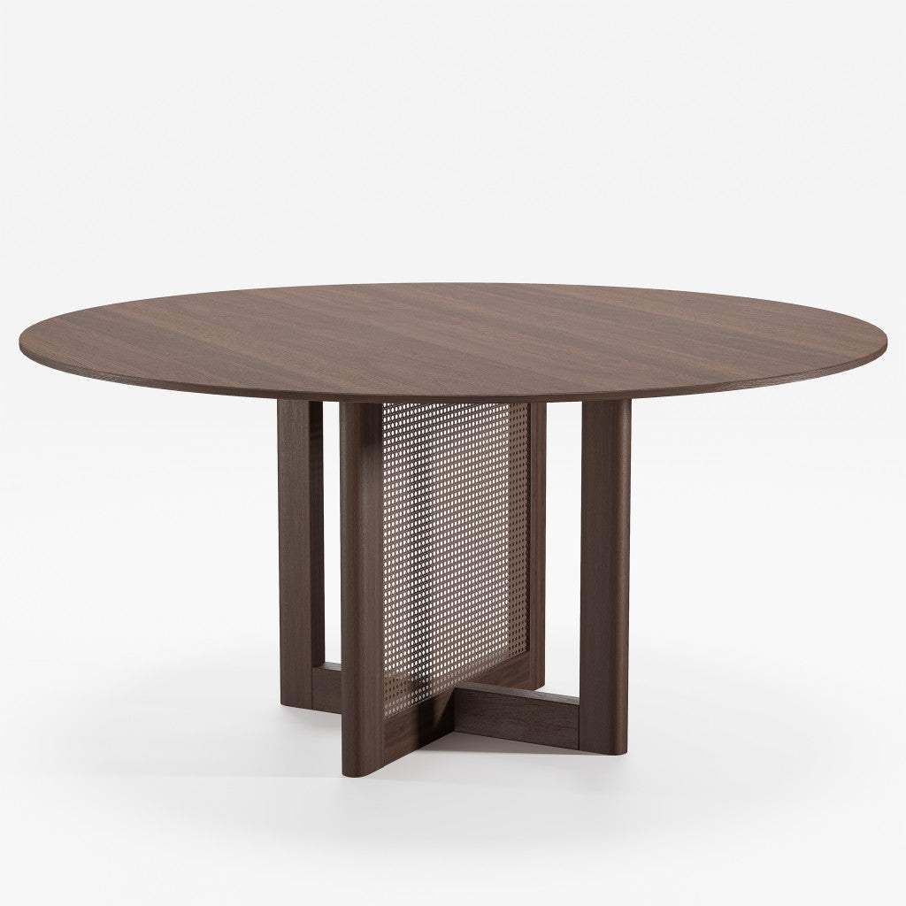 60" Brown Solid Wood and Rattan Cross Leg Base Round Top Dining Table - HomeRoots - Flyclothing LLC