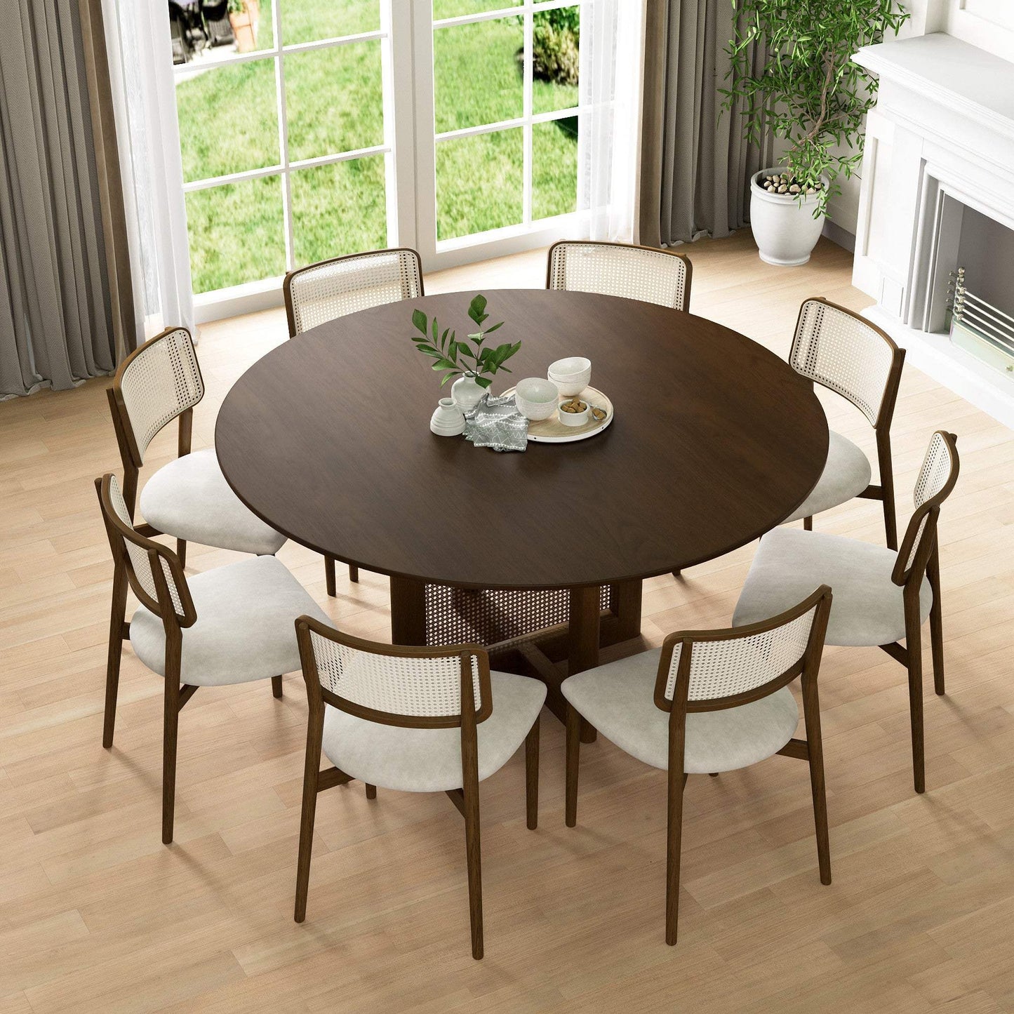 60" Brown Solid Wood and Rattan Cross Leg Base Round Top Dining Table - HomeRoots - Flyclothing LLC
