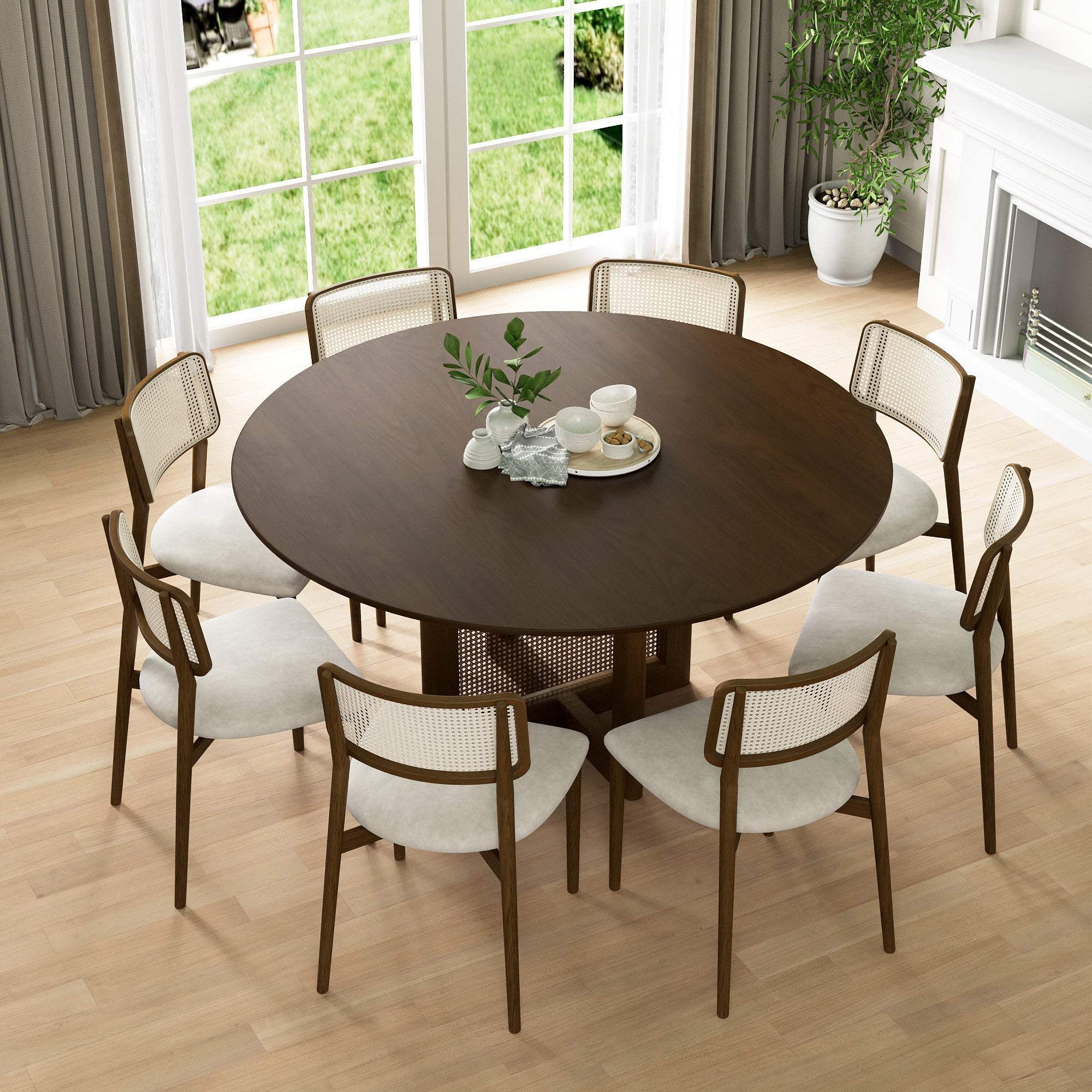 60" Brown Solid Wood and Rattan Cross Leg Base Round Top Dining Table - HomeRoots - Flyclothing LLC