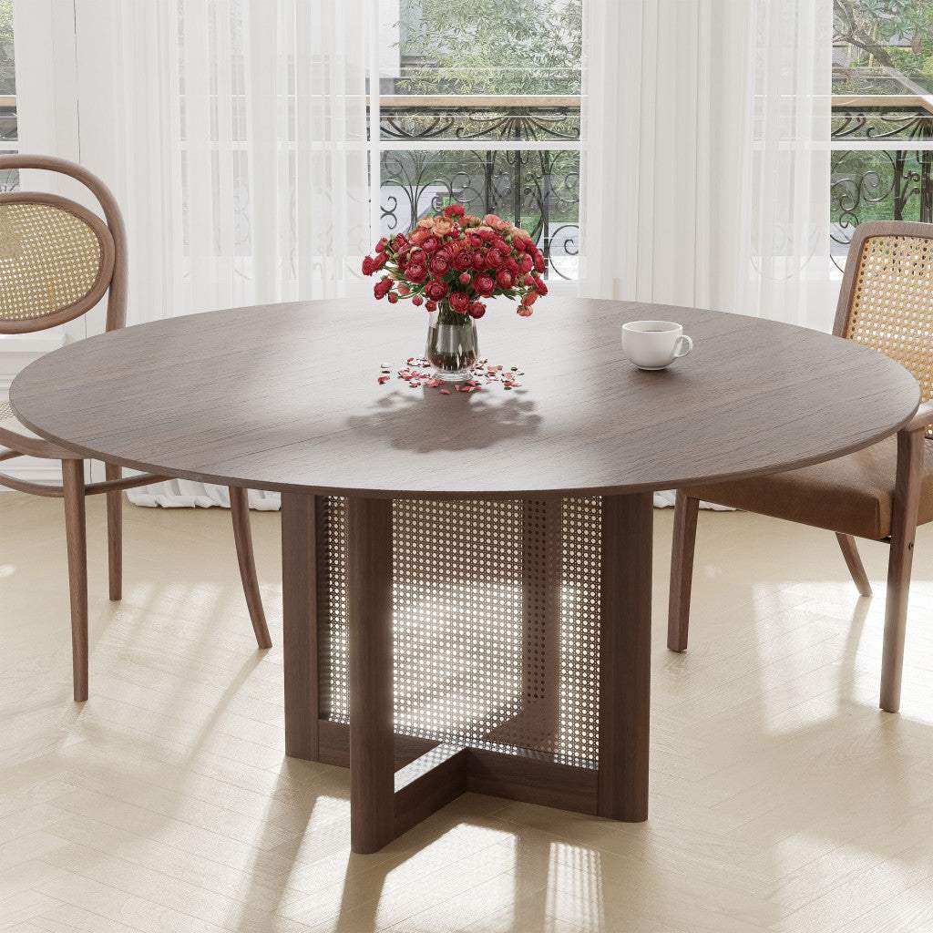 60" Brown Solid Wood and Rattan Cross Leg Base Round Top Dining Table - HomeRoots - Flyclothing LLC