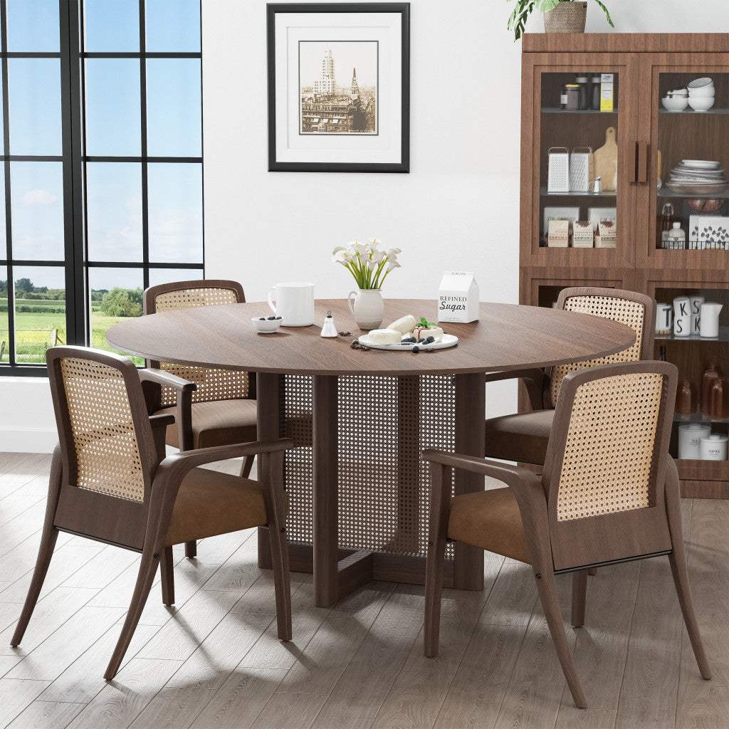 60" Brown Solid Wood and Rattan Cross Leg Base Round Top Dining Table - HomeRoots - Flyclothing LLC