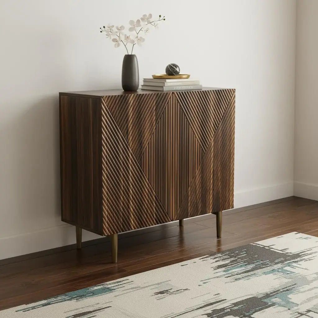 32" Brown Wood Carved Geometric Sideboard With Two Doors - Homeroots - Flyclothing LLC
