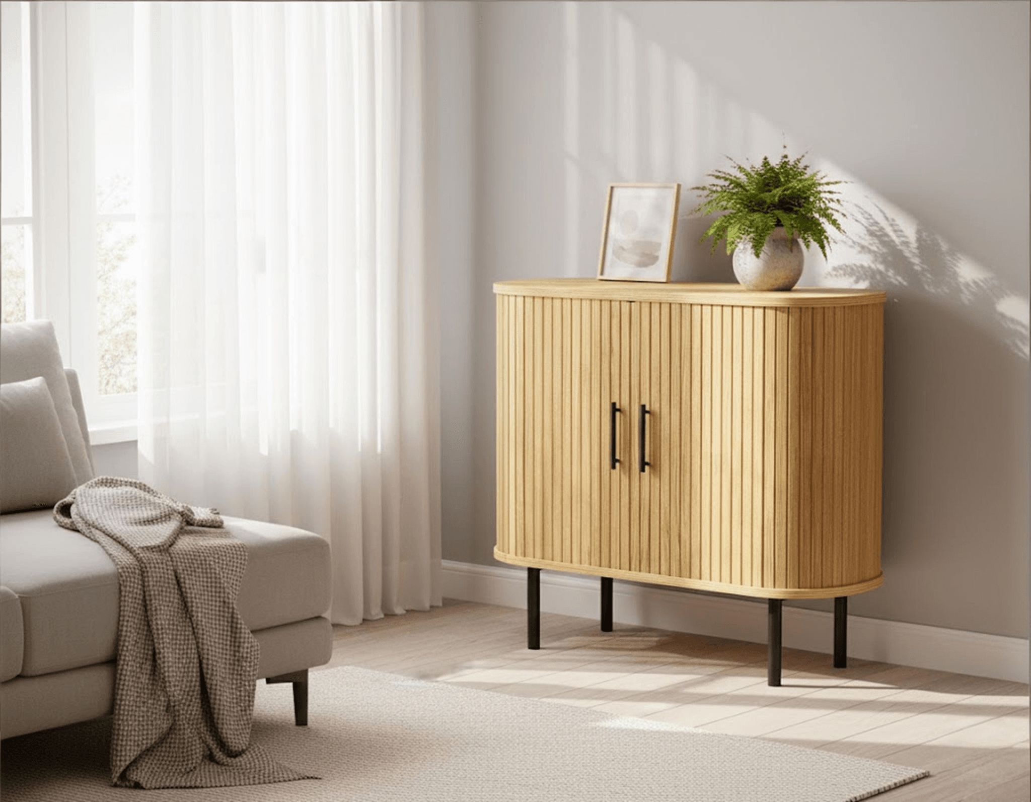 35" Natural Wood Ribbed Texture Sideboard With Two Sliding Doors - HomeRoots - Flyclothing LLC