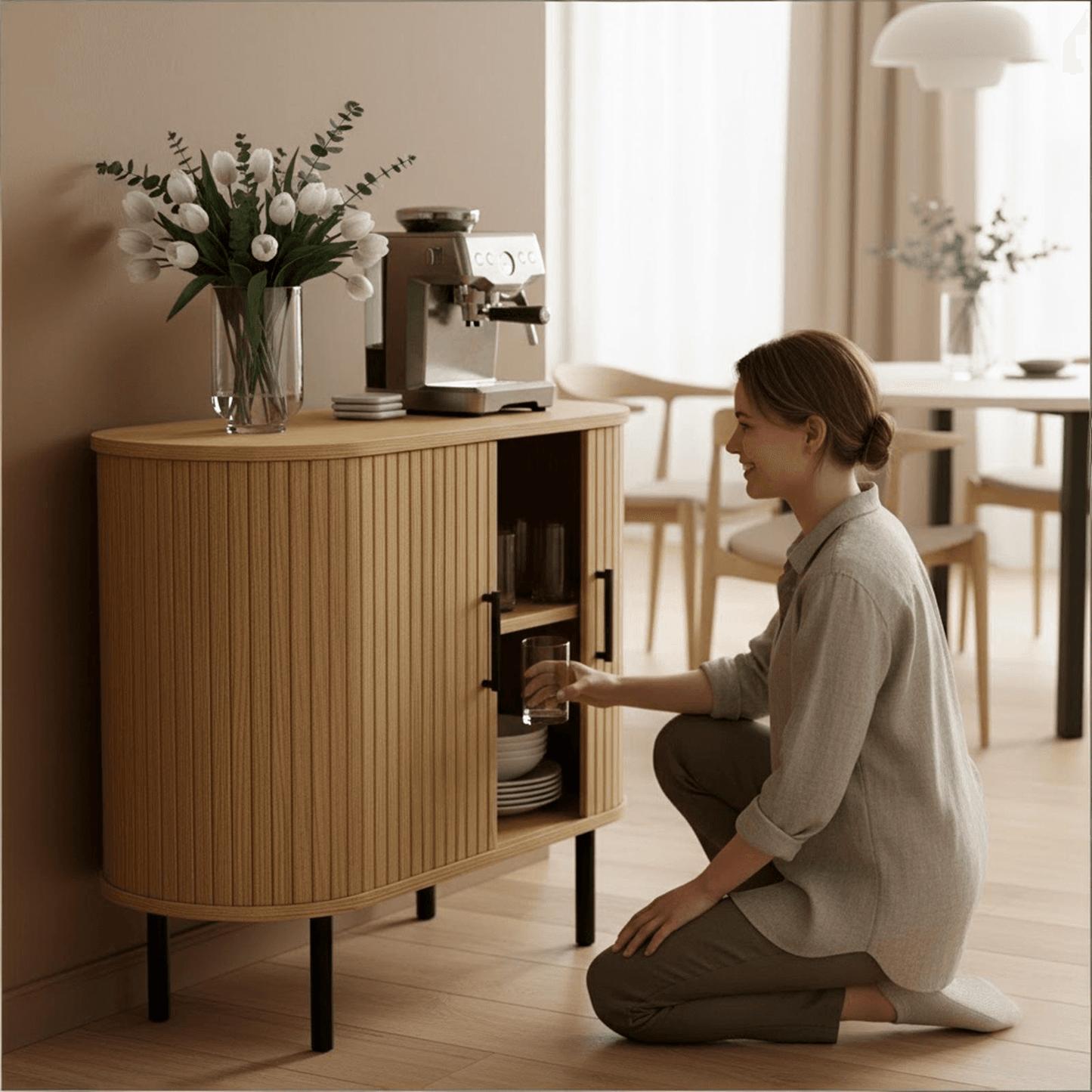 35" Natural Wood Ribbed Texture Sideboard With Two Sliding Doors - HomeRoots - Flyclothing LLC