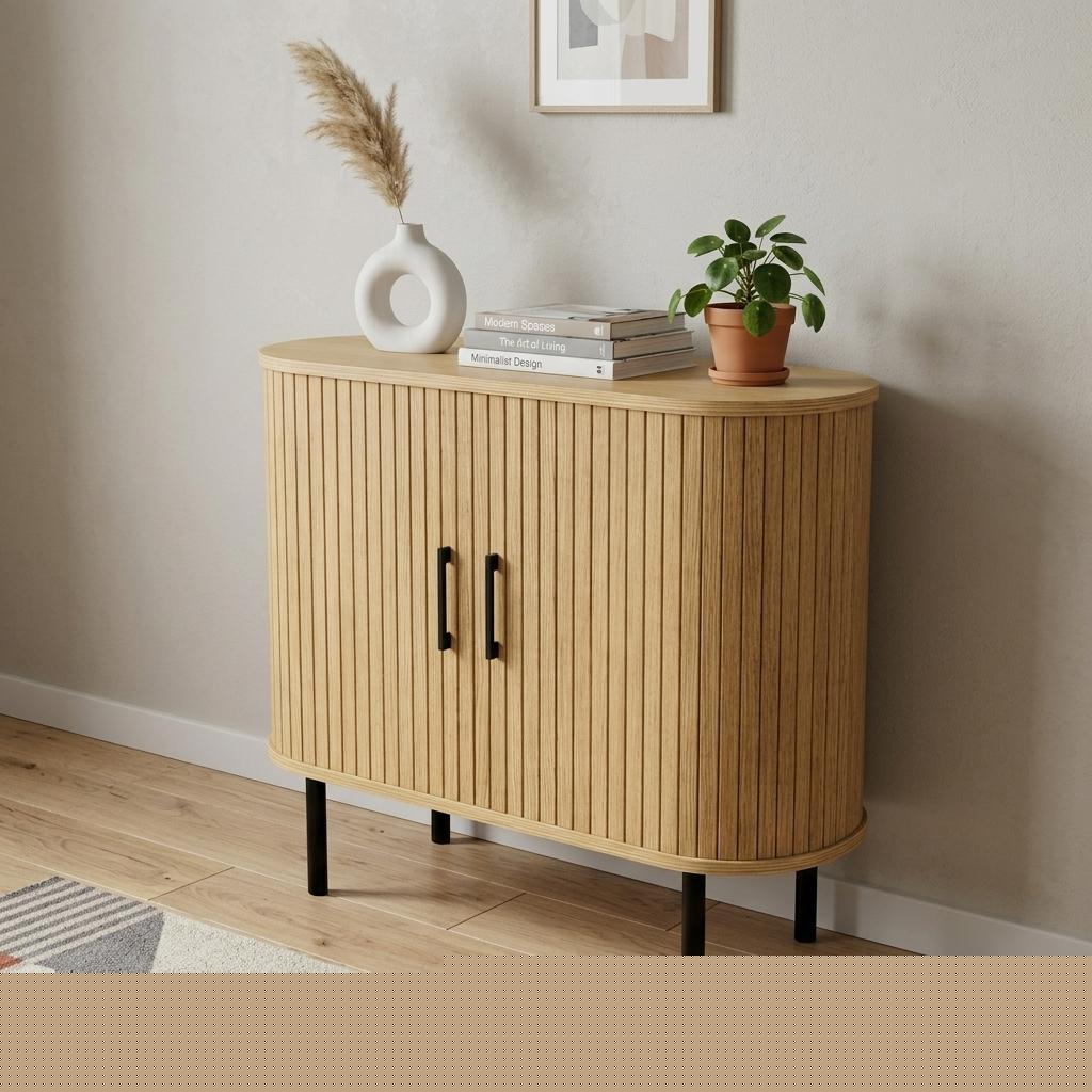 35" Natural Wood Ribbed Texture Sideboard With Two Sliding Doors - HomeRoots - Flyclothing LLC