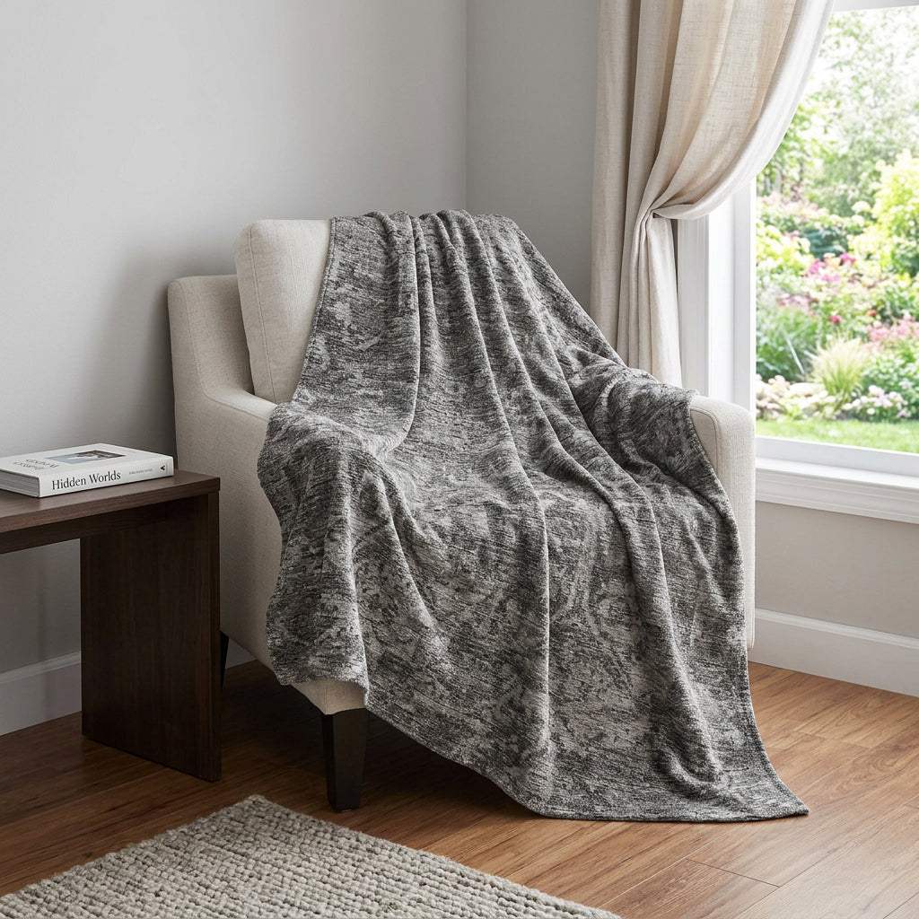 50" X 70" Charcoal And Gray Damask Polyester Woven Plush Throw Blanket - HomeRoots - Flyclothing LLC