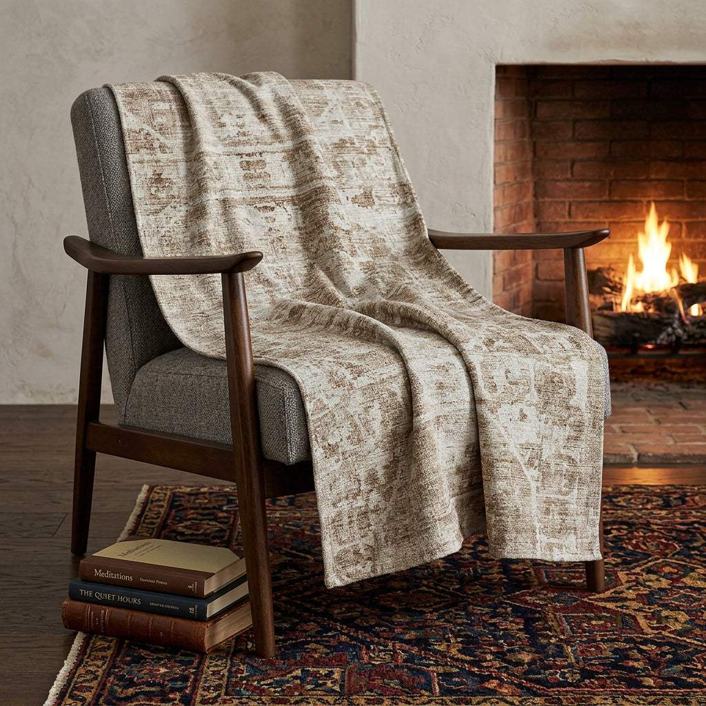 50" X 70" Beige And Ivory Damask Polyester Woven Plush Throw Blanket - HomeRoots - Flyclothing LLC