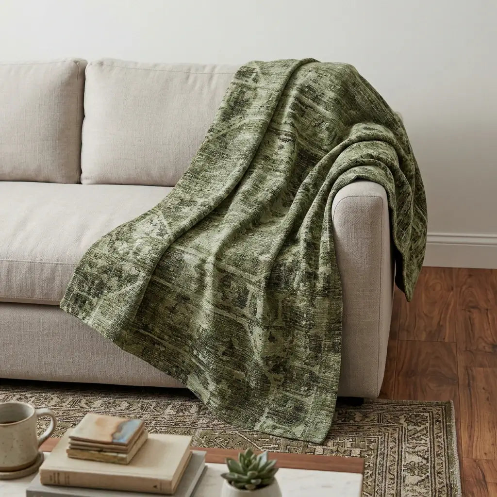 50" X 70" Olive Green And Beige Damask Polyester Woven Plush Throw Blanket - Homeroots - Flyclothing LLC