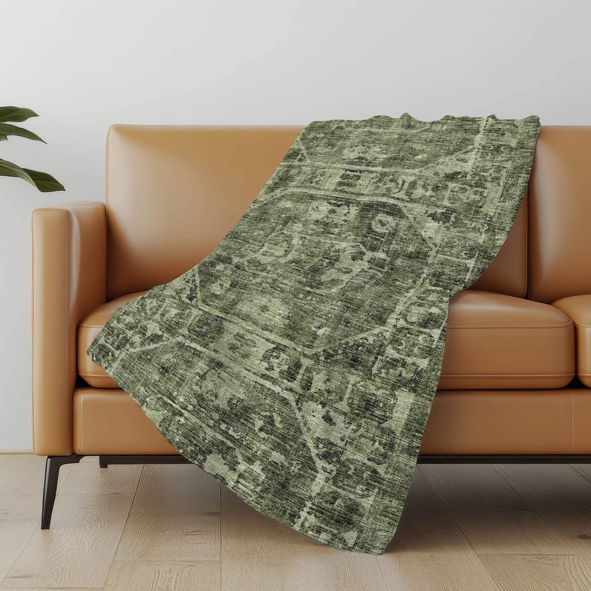 50" X 70" Olive Green And Beige Damask Polyester Woven Plush Throw Blanket - Homeroots - Flyclothing LLC