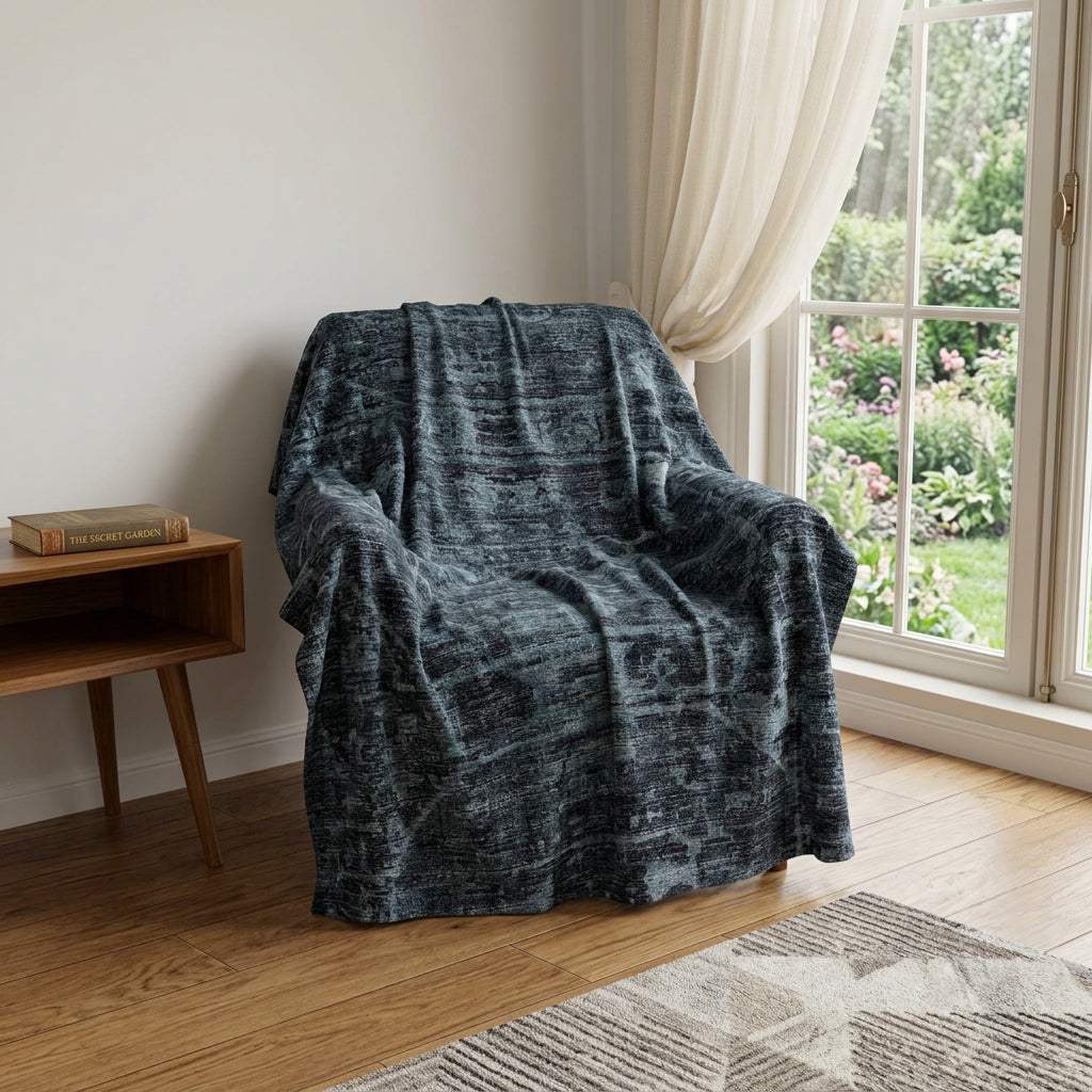 50" X 70" Navy Blue And Gray Damask Polyester Woven Plush Throw Blanket - HomeRoots - Flyclothing LLC