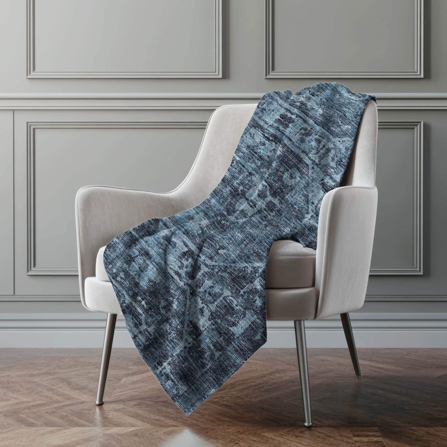 50" X 70" Navy Blue And Gray Damask Polyester Woven Plush Throw Blanket - HomeRoots - Flyclothing LLC