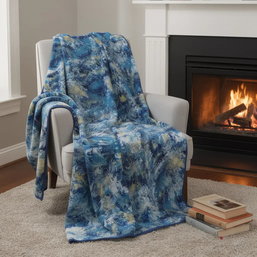 50" X 70" Blue Ivory And Gold Abstract Microfiber Plush Throw Blanket - Homeroots - Flyclothing LLC