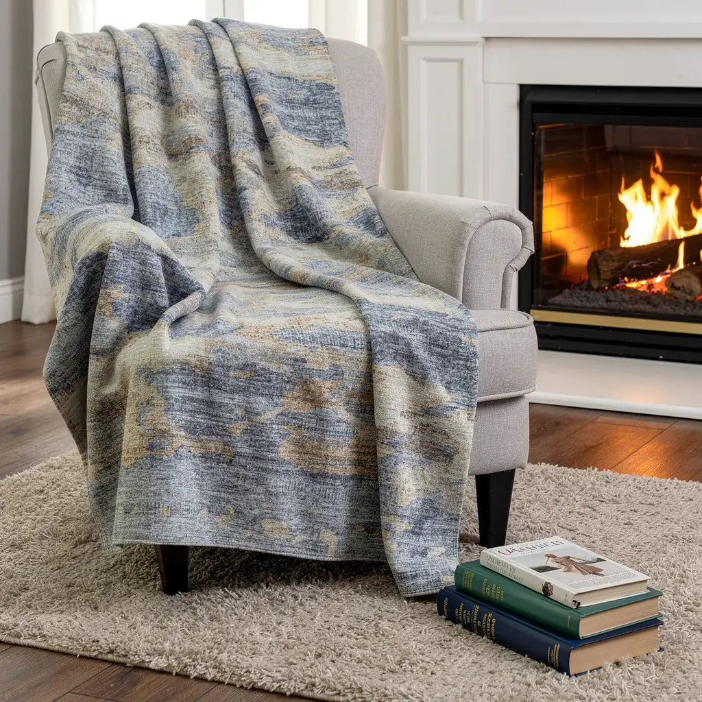 50" X 70" Blue Gold And Silver Abstract Microfiber Plush Throw Blanket - Homeroots - Flyclothing LLC