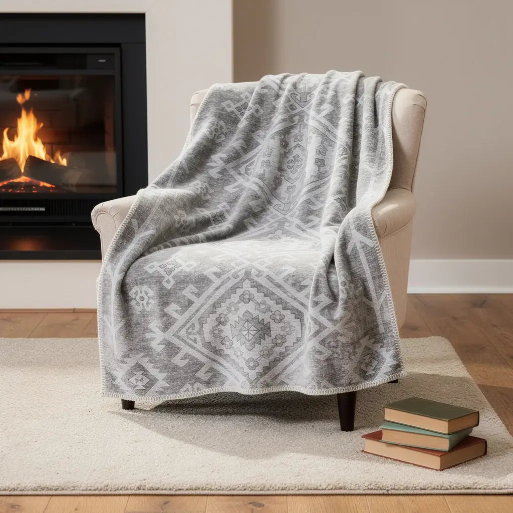 50" X 70" Pewter And Beige Southwestern Microfiber Plush Throw Blanket - Homeroots - Flyclothing LLC