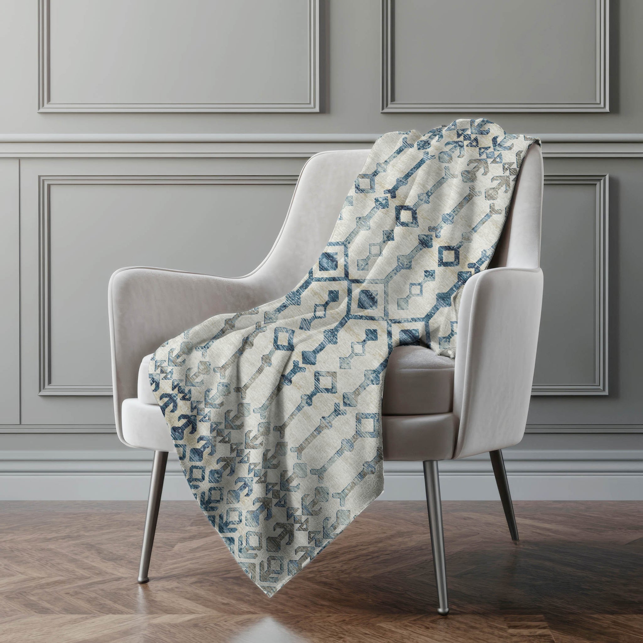50" X 70" Ivory And Teal Geometric Microfiber Plush Throw Blanket - Homeroots - Flyclothing LLC