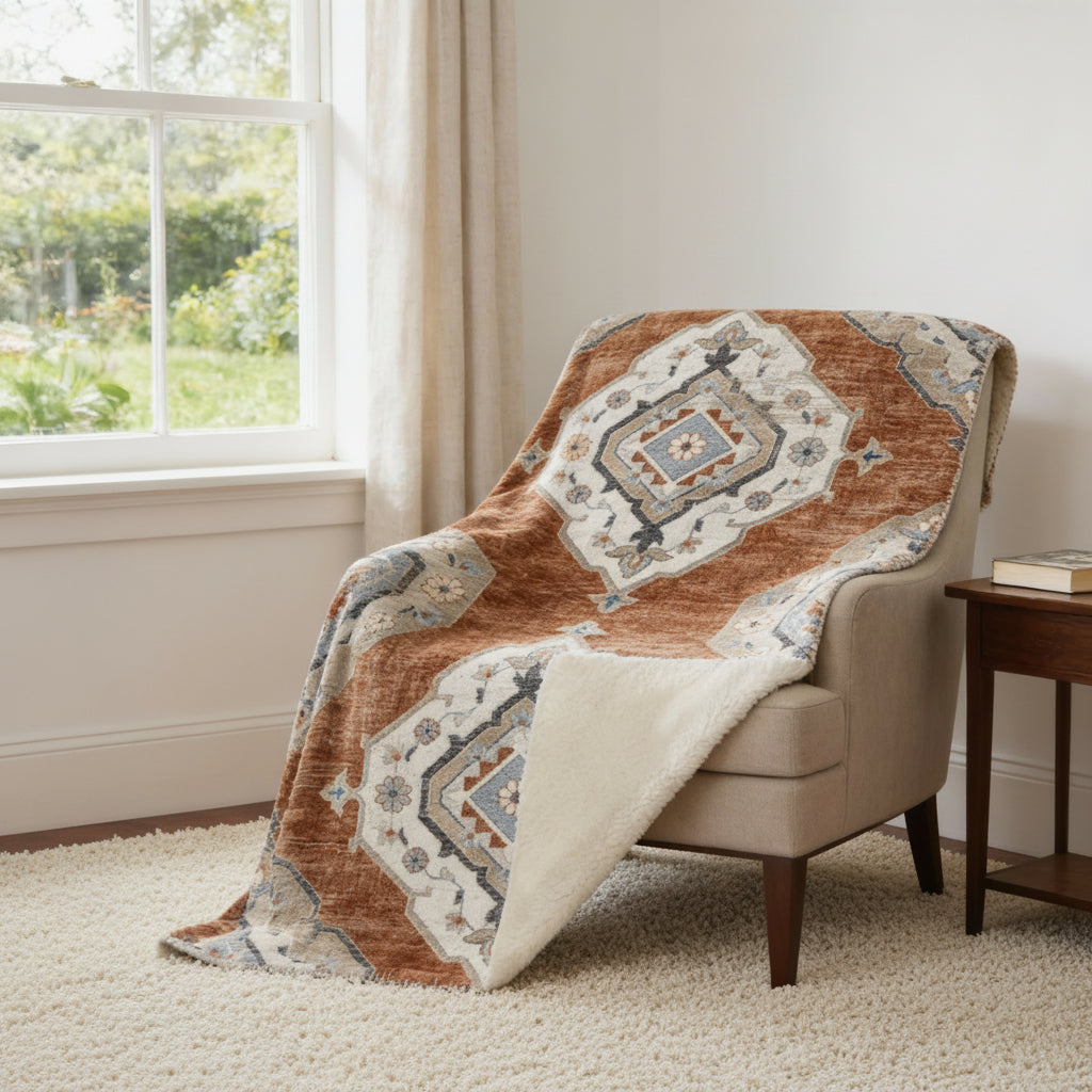 50" X 70" Rust Ivory And Blue Floral Microfiber Plush Throw Blanket - Homeroots - Flyclothing LLC