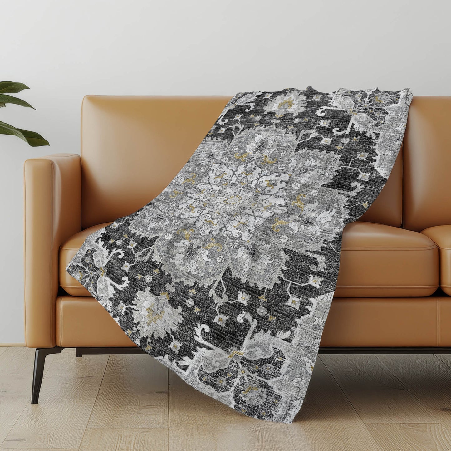 50" X 70" Charcoal Gold And Gray Floral Microfiber Plush Throw Blanket - Homeroots - Flyclothing LLC