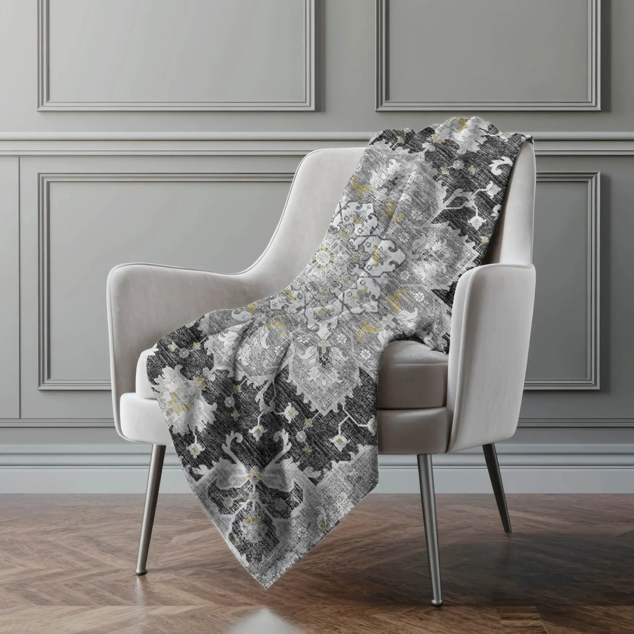 50" X 70" Charcoal Gold And Gray Floral Microfiber Plush Throw Blanket - Homeroots - Flyclothing LLC