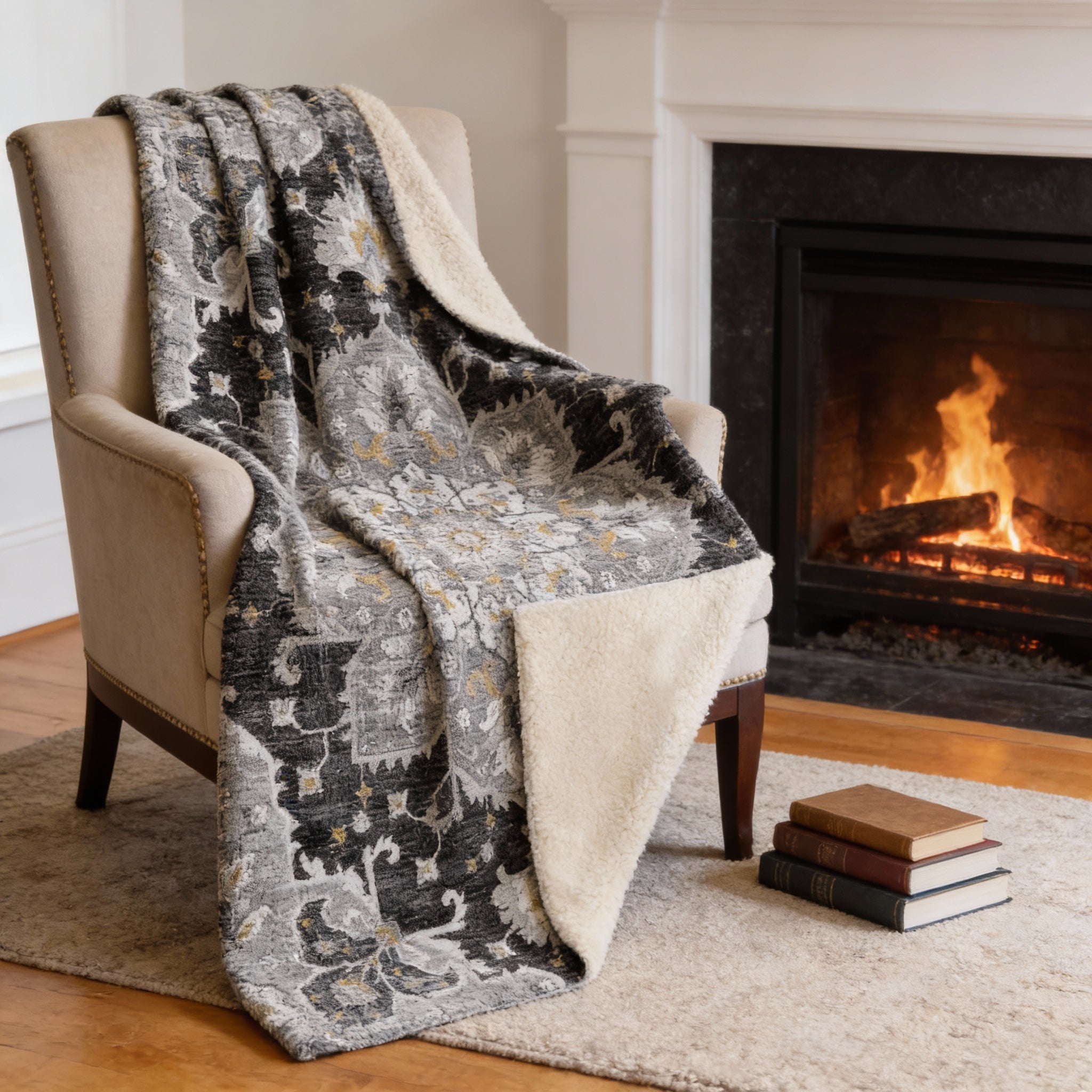 50" X 70" Charcoal Gold And Gray Floral Microfiber Plush Throw Blanket - Homeroots - Flyclothing LLC