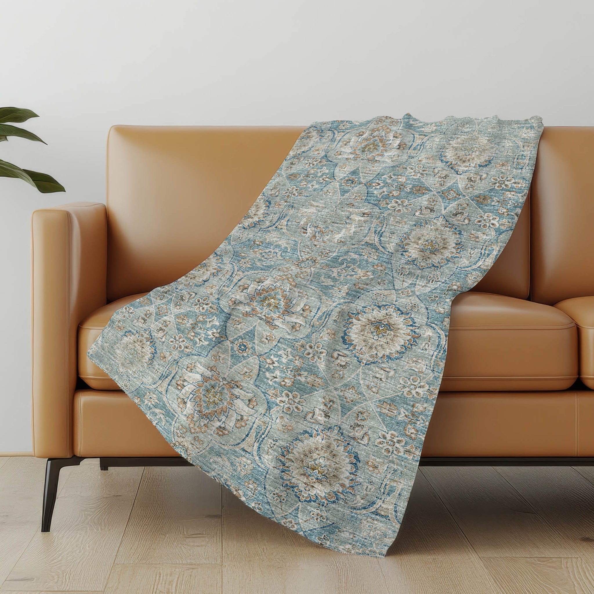 50" X 70" Ivory Coffee And Teal Damask Microfiber Plush Throw Blanket - Homeroots - Flyclothing LLC