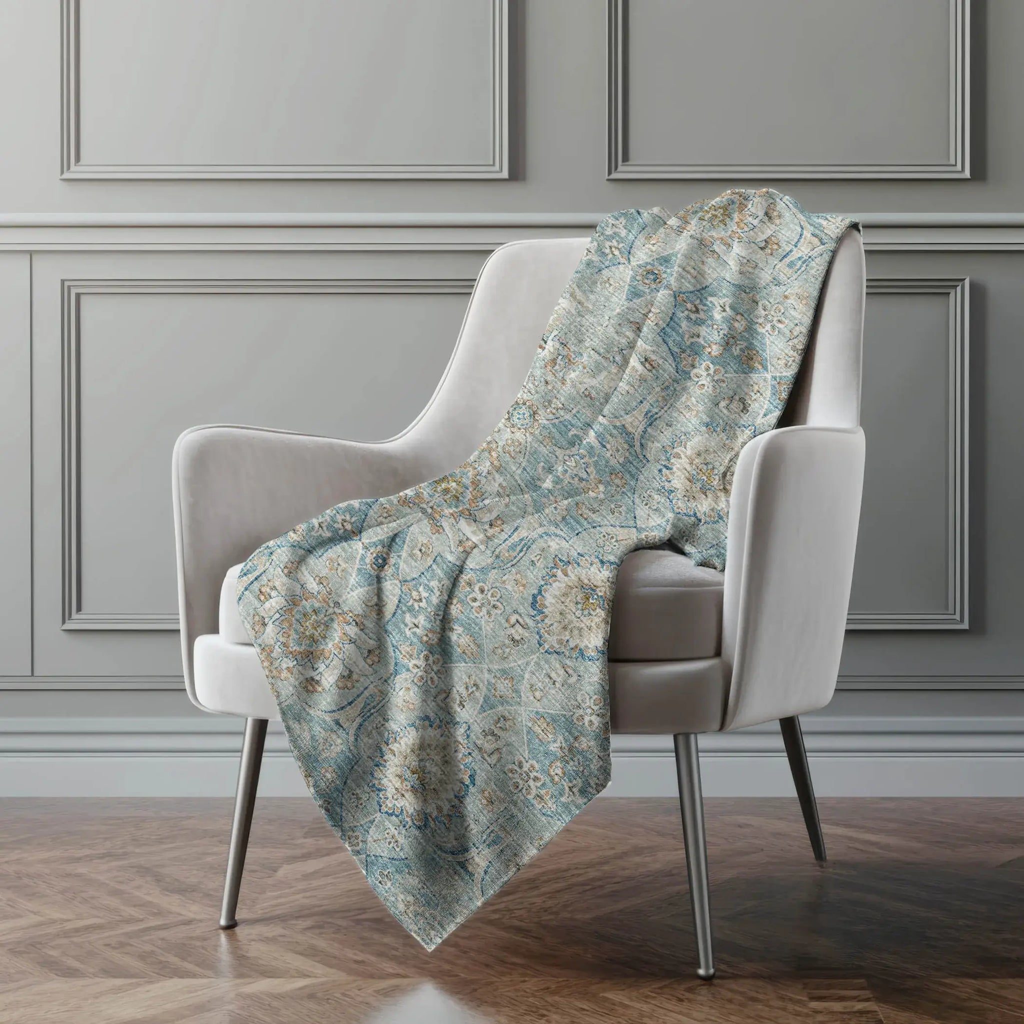 50" X 70" Ivory Coffee And Teal Damask Microfiber Plush Throw Blanket - Homeroots - Flyclothing LLC