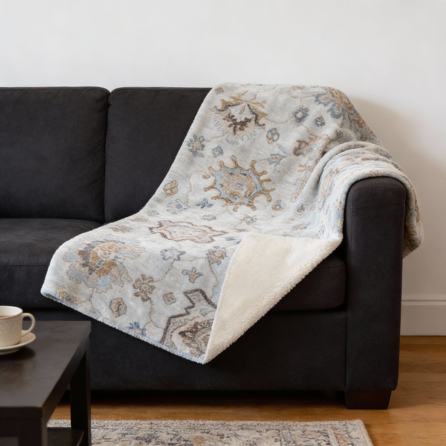 50" X 70" Linen Coffee And Teal Floral Microfiber Plush Throw Blanket - Homeroots - Flyclothing LLC