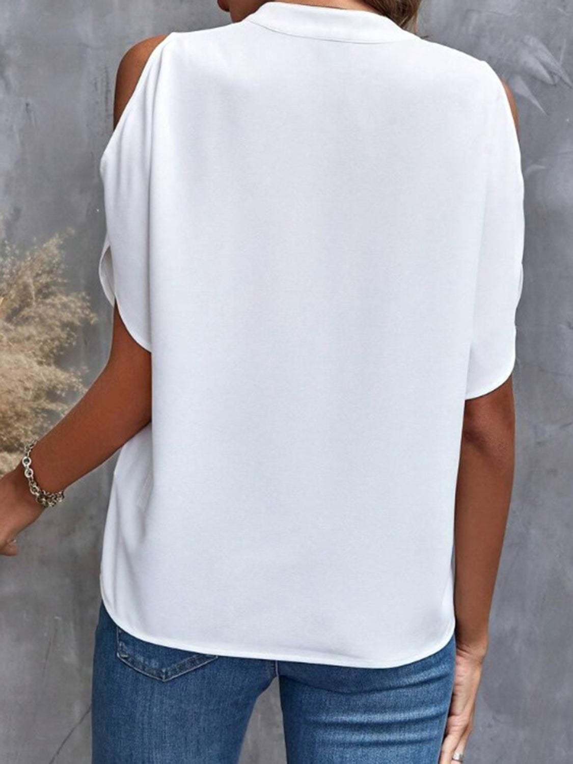 Notched Cold Shoulder Half Sleeve Blouse - Trendsi - Flyclothing LLC