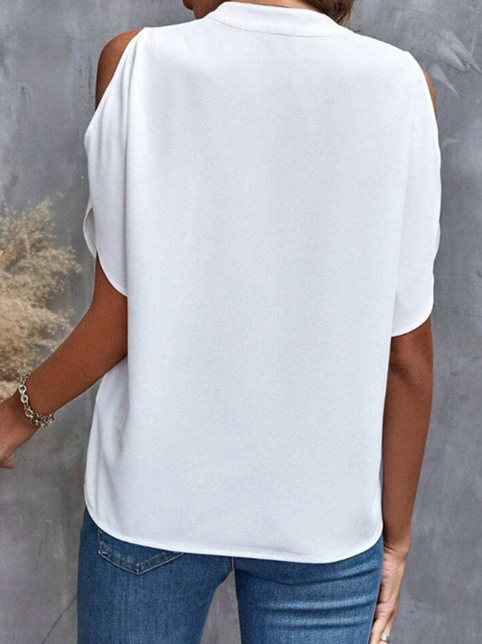 Notched Cold Shoulder Half Sleeve Blouse - Trendsi - Flyclothing LLC