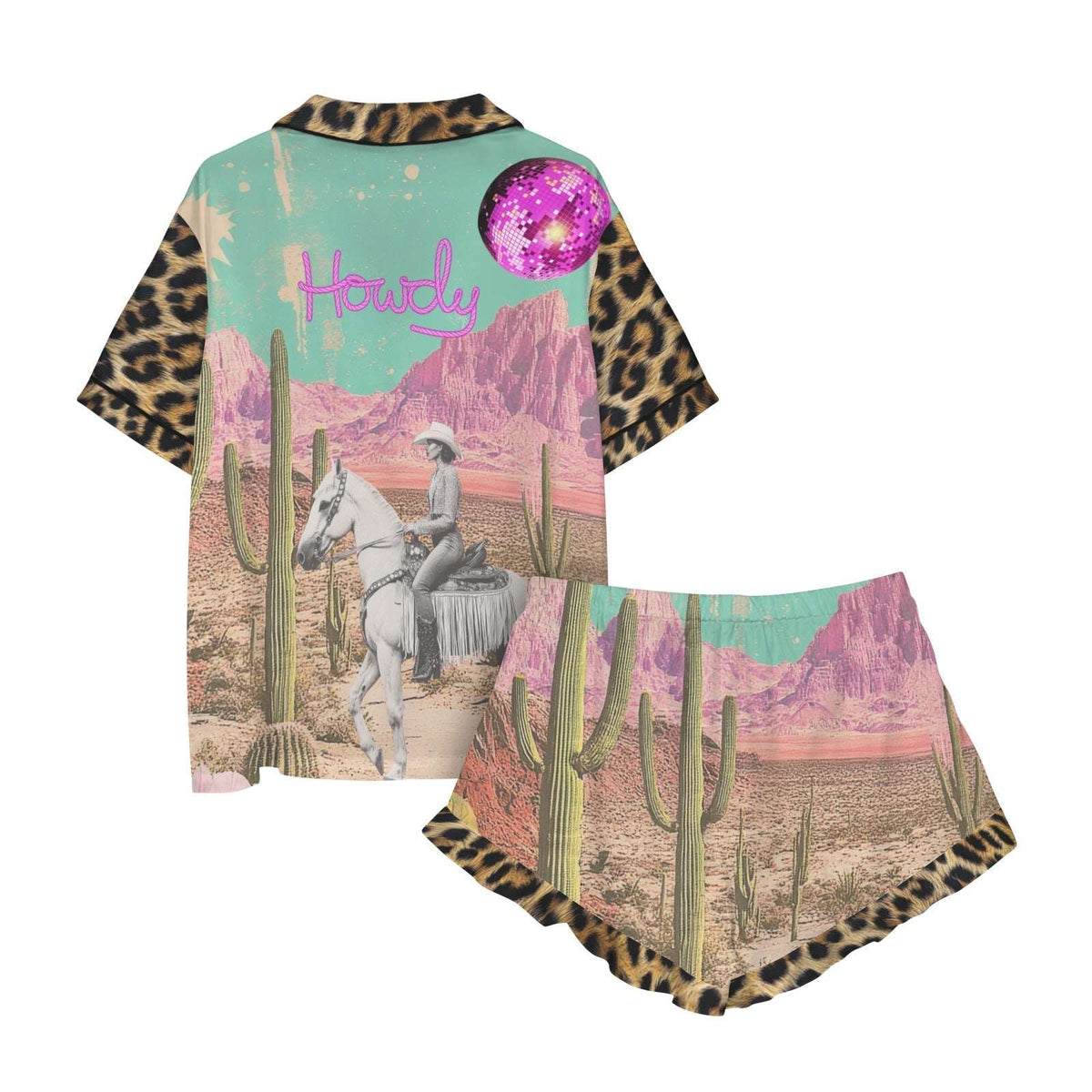 Baha Ranch Retro Pop Western Leopard Desert Cowgirl Satin Pajamas - Baha Ranch Western Wear - Flyclothing LLC
